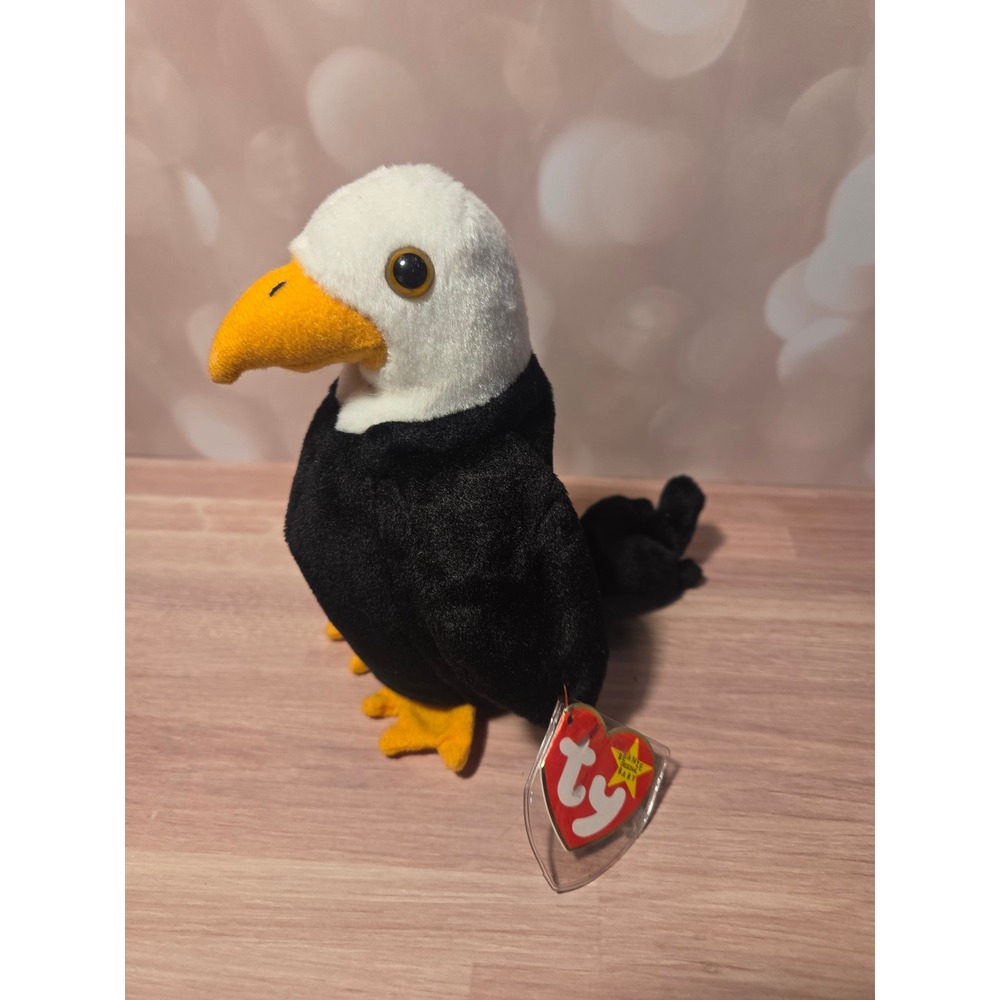 Ty Beanie Baby Baldy the Eagle Plush Bird Black White Yellow 1996 4007